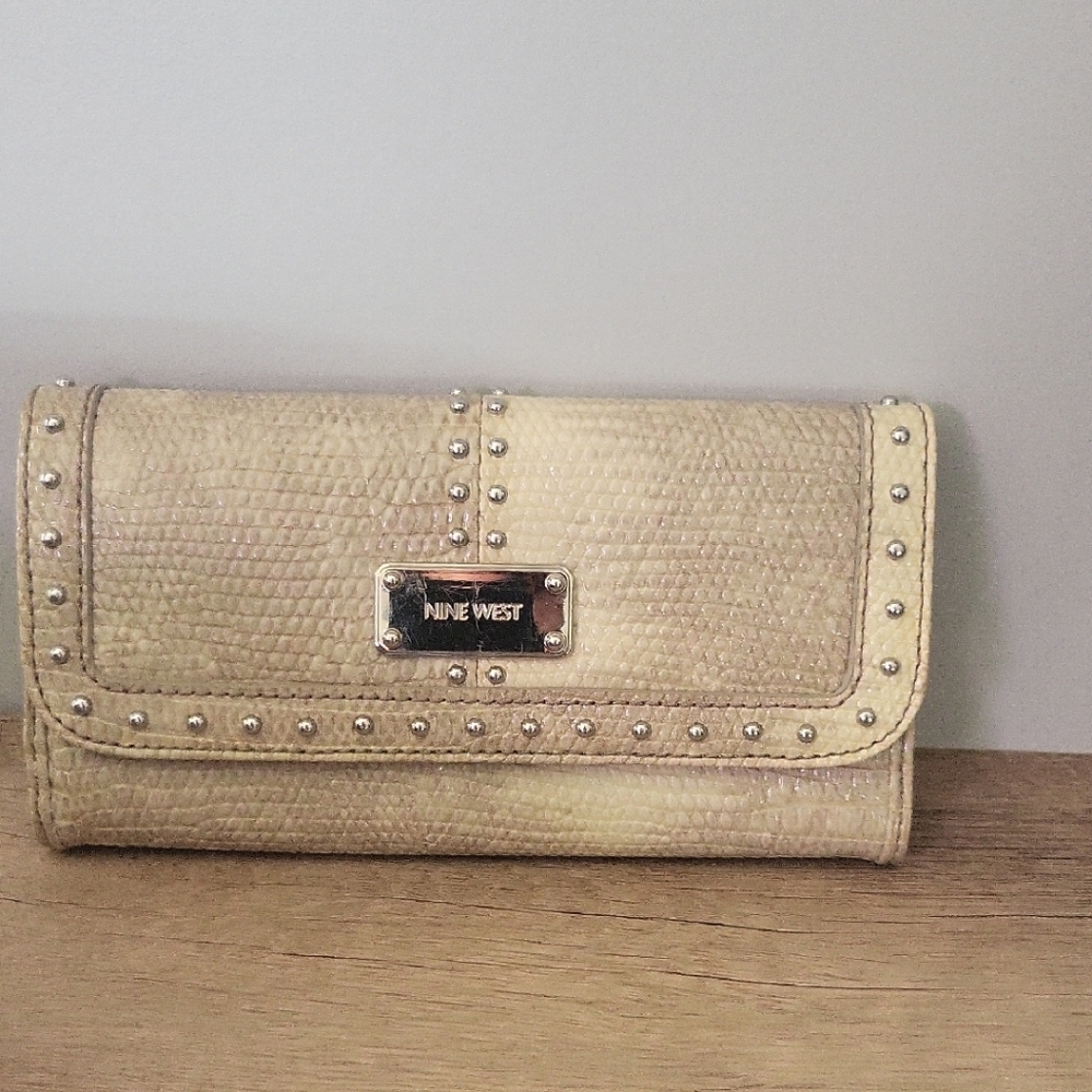 Nine West Beige Snakeprint Studded Wallet